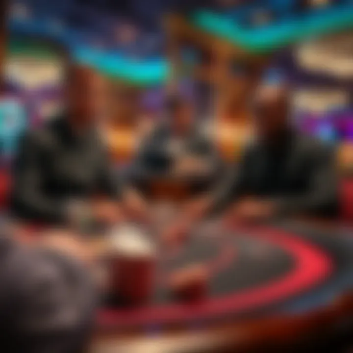 Two players engaged in a PVP Blackjack game at a casino table, focused on their cards and chips, with dealer present.