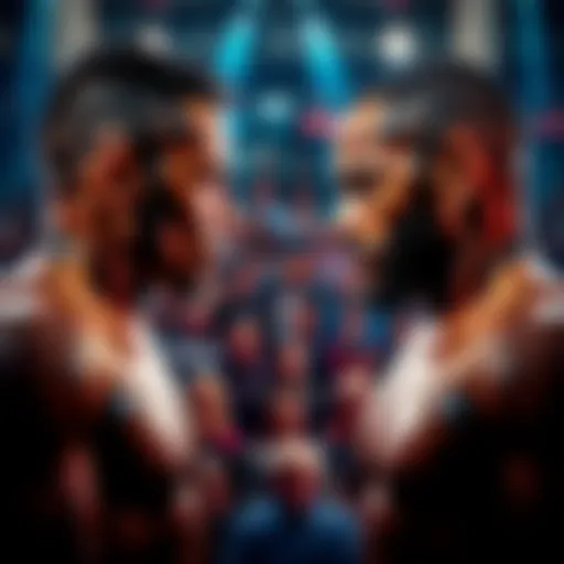 Fighters Pyfer and Adesanya facing each other, showing their readiness for the upcoming fight, with a focused crowd in the background.