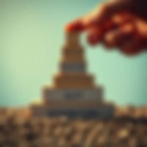 A person stacking blocks labeled with positive habits like prayer, reflection, and accountability to create a pyramid symbolizing a strong foundation against addiction