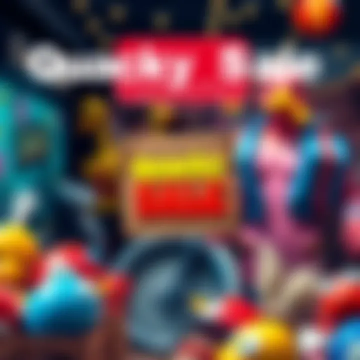 A vibrant image showing colorful items on sale with a sign that says 'Quacky Sale' during the event hours.