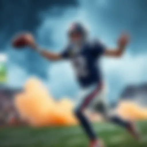 A quarterback in action, throwing a football down the field during a game, showcasing dynamic movement and excitement