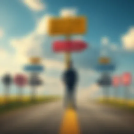 A person standing at a crossroads, pondering choices between mediocrity and excellence, surrounded by signs representing different life paths, symbolizing decision-making in 2026.