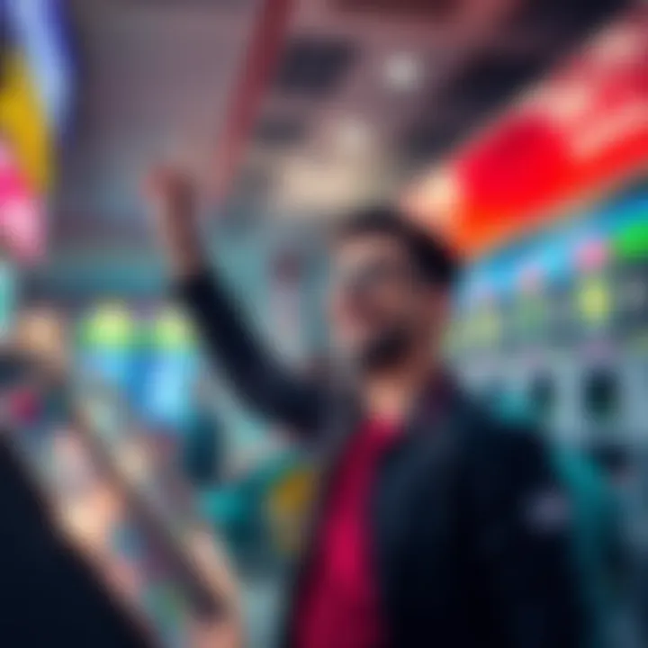 Quick Cash Betting Highlights A person celebrating a betting win with cash in hand, showing excitement at a betting kiosk.