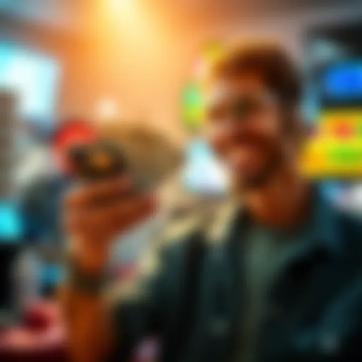 A person happily counting cash with a smartphone in hand after cashing out winnings