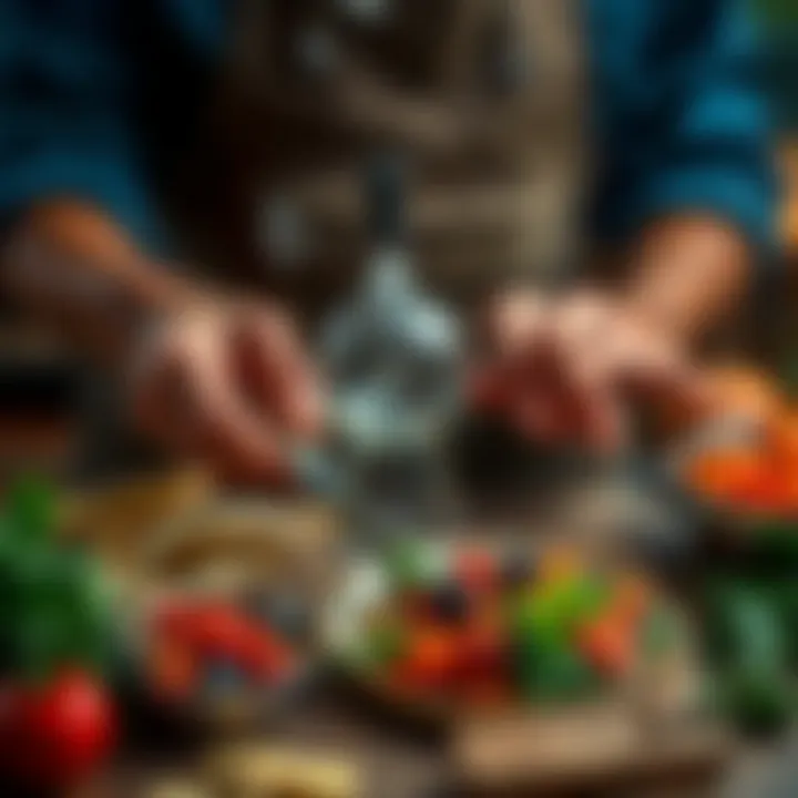 A person preparing a quick and tasty meal during a lunch break, featuring fresh ingredients and simple cooking tools.