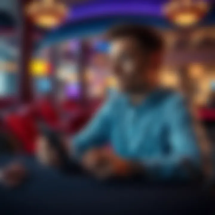 A man sitting alone at a table with a casino app on a smartphone, looking contemplative and determined to change his life after a recent loss.