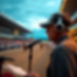 A race caller announcing at a horse racing event, with a microphone and racetrack in the background. The excitement of the crowd is palpable as the race unfolds.