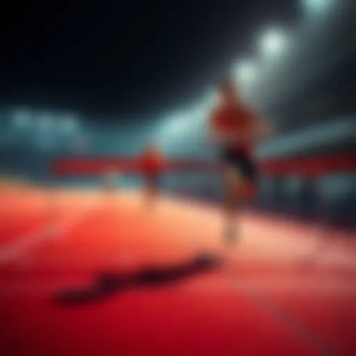 A competitor crossing the finish line with one leg clearly ahead of another, showing the surprising outcome of the race.