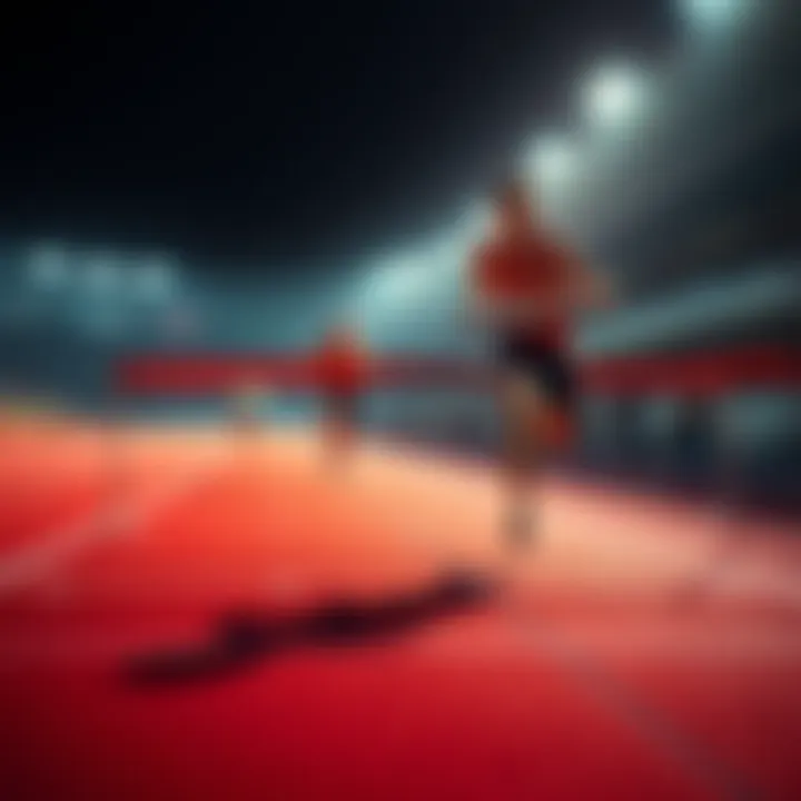 A competitor crossing the finish line with one leg clearly ahead of another, showing the surprising outcome of the race.
