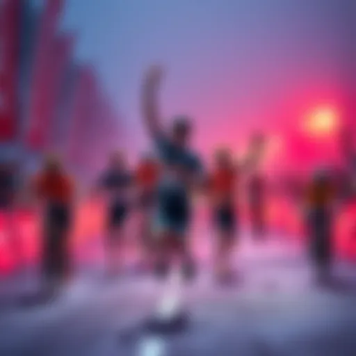 A competitive race scene showing participants in action, celebrating two victories with excitement for upcoming challenges, energetic atmosphere.