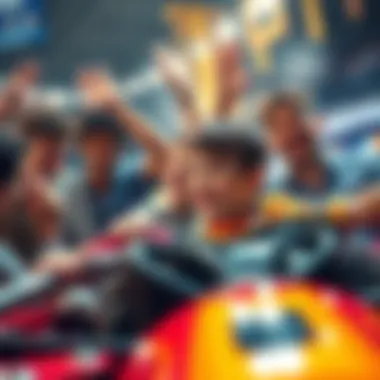 A cousin excitedly looks at a new racecar engine with friends celebrating around him.