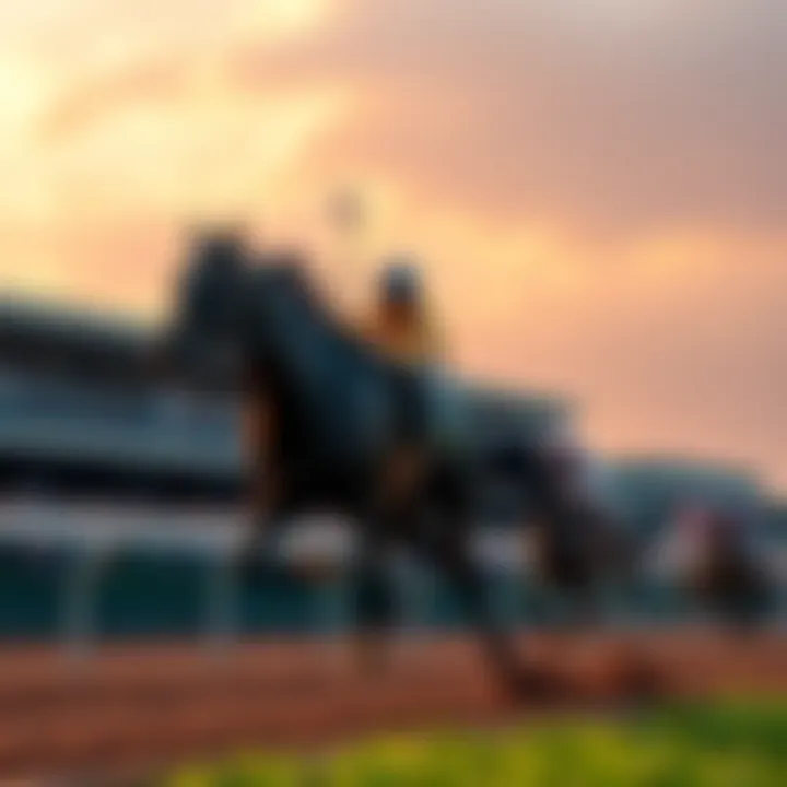 A thoroughbred racehorse triumphantly crossing the finish line at a racetrack, with a cheering crowd in the background.