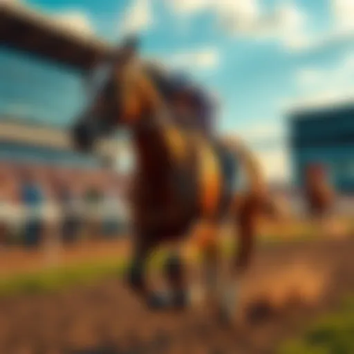 A thoroughbred racehorse, a descendant of American Pharaoh, racing on a track with spectators cheering in the background.