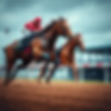 Two racehorses, one male and one female, sprinting side by side on a racetrack during a race, showcasing their performance.