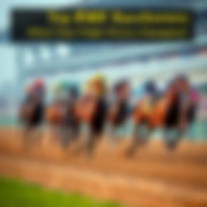 A group of racehorses racing on a track with spectators cheering in the background