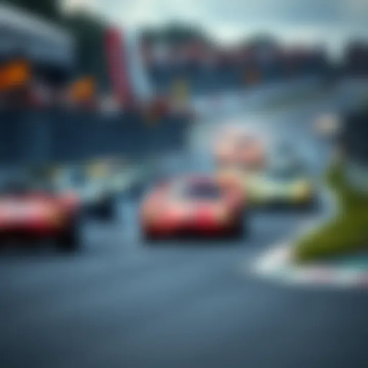 A group of race cars speeding around a track during a lively racing event in Byron, with excited fans cheering in the background.