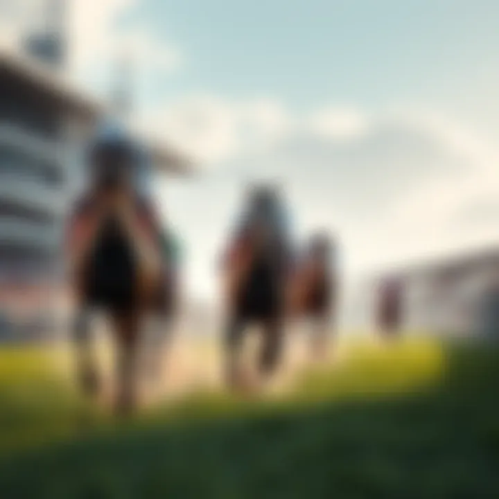 Horses racing on a track in the UK on a sunny day with spectators in the background