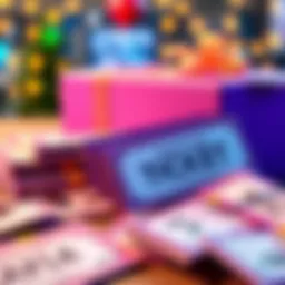 A colorful display of raffle tickets with cash and a prize box in the background