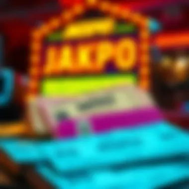 Raffle Tickets and Jackpot A close-up of colorful raffle tickets stacked together, with a bright jackpot sign in the background, symbolizing chances to win.