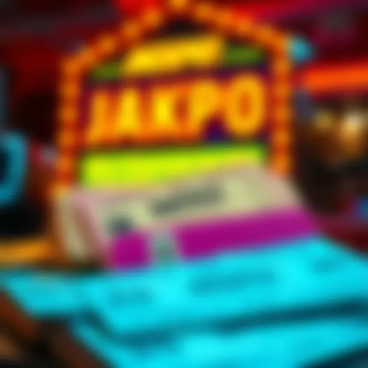 Raffle Tickets and Jackpot A close-up of colorful raffle tickets stacked together, with a bright jackpot sign in the background, symbolizing chances to win.
