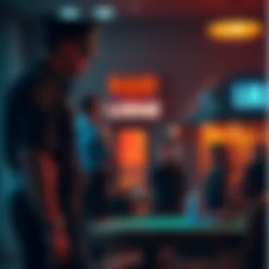 Police officers inspecting the Lodge after a raid, concerned poker players observing from a distance.