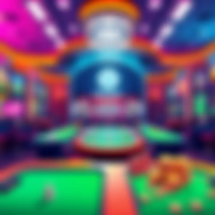 A vibrant digital illustration of a crypto casino featuring gaming tables and colorful bonus icons