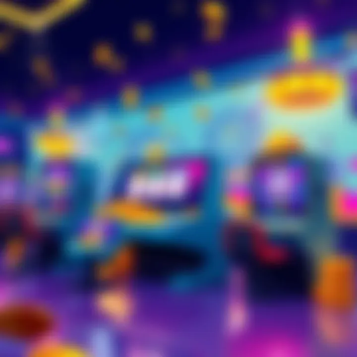 A colorful illustration of a digital casino featuring crypto elements like coins and slot machines with a user-friendly interface.