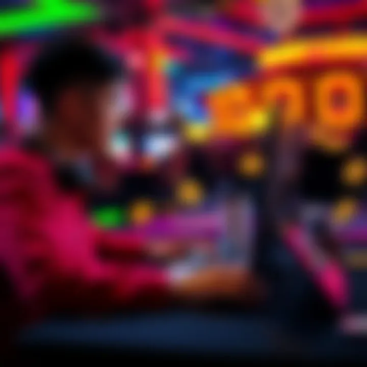 A person enjoying games on a laptop with crypto symbols around them, representing a crypto casino experience.