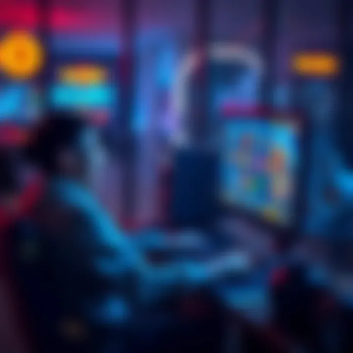 A person sitting at a computer, excitedly playing at Rainbet crypto casino, with game graphics on the screen and crypto coins around.