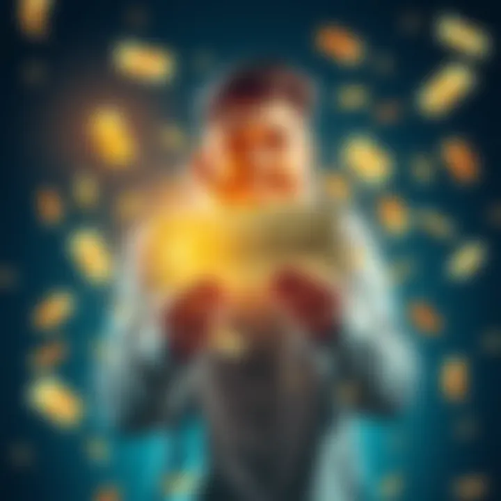 Rainbet Promo Code A cheerful person holding a glowing promo code with money symbols around them, celebrating good fortune