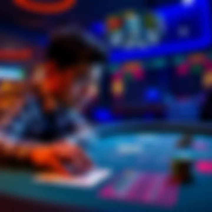 A frustrated player looking at a blackjack table with negative statistics, representing losses and rigged games on Rainbet.