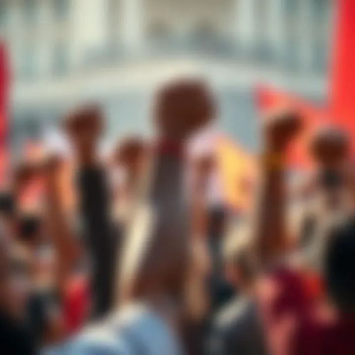 A group of people raising their fists in solidarity during a protest, symbolizing unity and resistance against social issues.