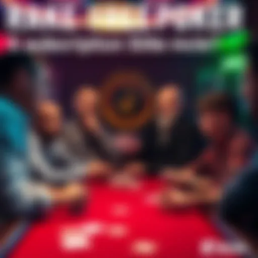 A group of poker players discussing in a cozy setting, with cards and chips on the table, highlighting a rake-free subscription model.