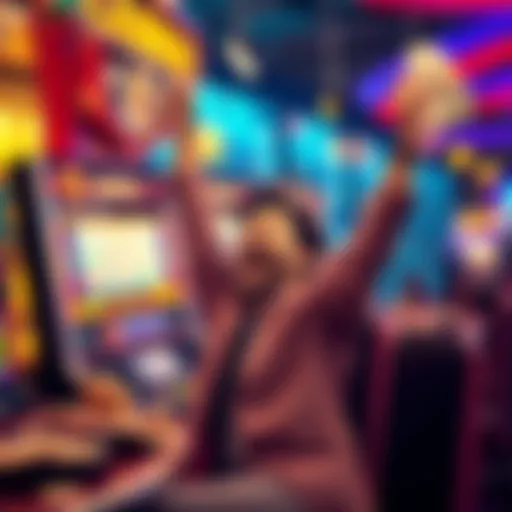 A player celebrating a big win at an online casino with rakeback rewards, showing cash and a gaming interface on screen