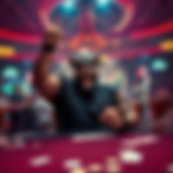 Rampage rejoices after winning $1.5 million in high-stakes gambling, sitting at a table with chips and cards, surrounded by excitement.
