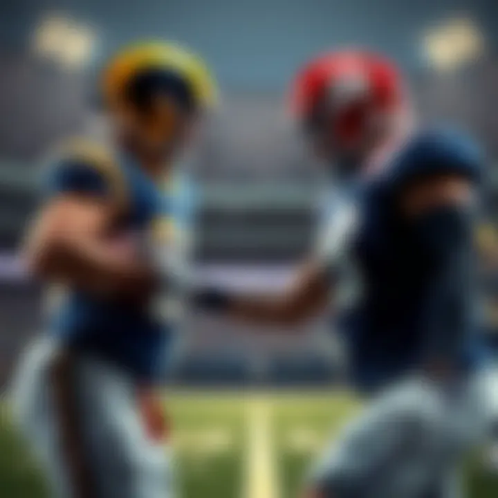 Rams vs Giants Football Match Two football players in Rams and Giants uniforms face off during a game.