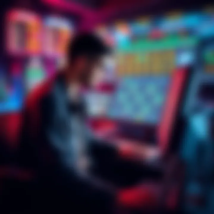 A person studying betting patterns on a computer while placing a random in-game parlay bet, surrounded by gaming graphics and charts.