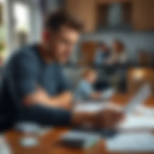Rasmus is sitting at a kitchen table, looking worried as he reviews his bills and debts. He has a concerned expression while papers are scattered around him. In the background, a family photo shows a happy moment with his wife and children.