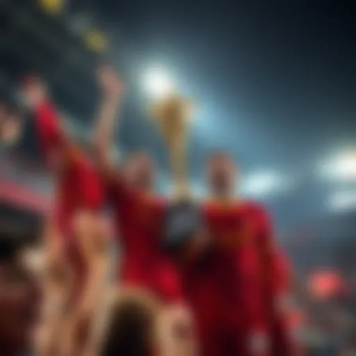 RC Lens players celebrating their Super Cup victory with fans in the stadium, showing excitement and joy after the match.