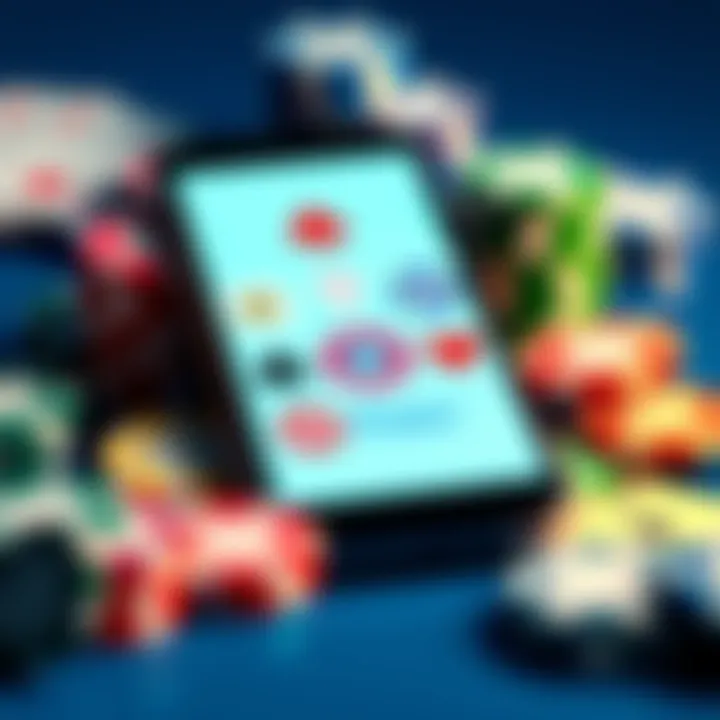 A smartphone displaying various poker app logos on the screen, surrounded by poker chips and cards.