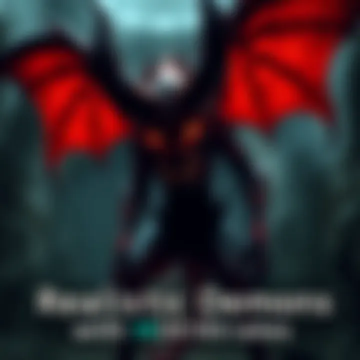 A detailed depiction of a realistic demon with sharp features and glowing eyes, showcasing its menacing presence in a shadowy setting.