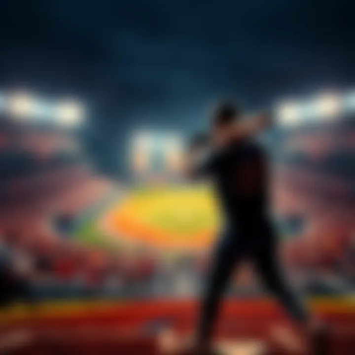 A baseball player in a dark uniform swings a bat at a stadium filled with fans. Bright stadium lights illuminate the field as excitement builds for a lottery parlay strategy.