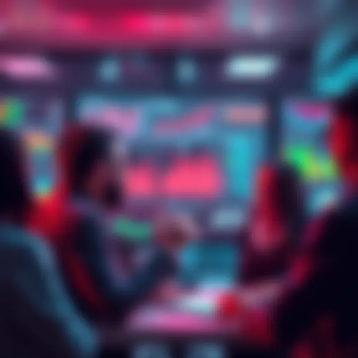 A group of people discussing key insights amidst charts and data on a screen