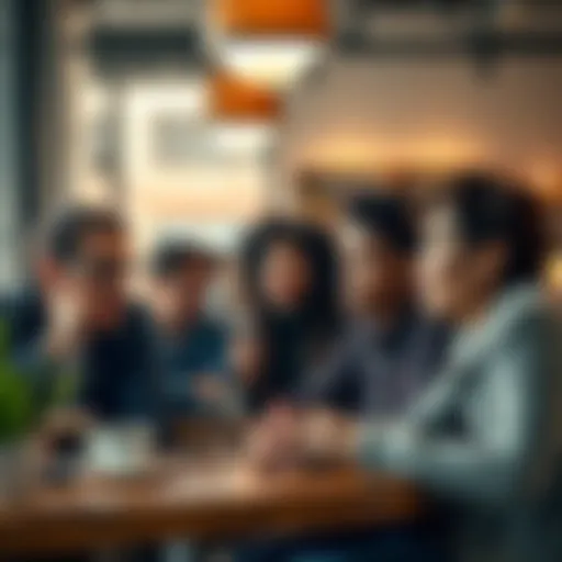 A group of people discussing news at a coffee shop, showing surprise and interest, highlighting current events.