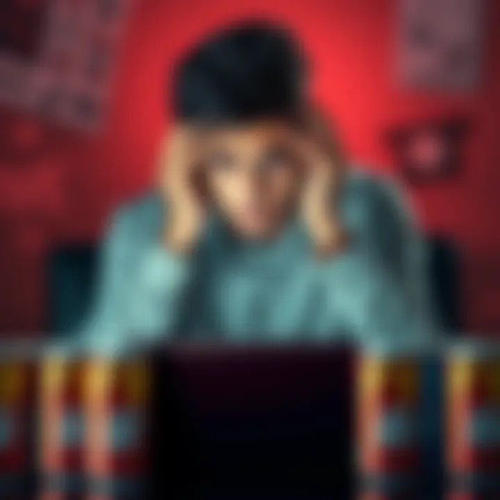 A young man with a worried expression sits in front of a laptop, showing a gambling website with a losing balance. He holds his head in his hands, surrounded by empty energy drink cans, symbolizing st...