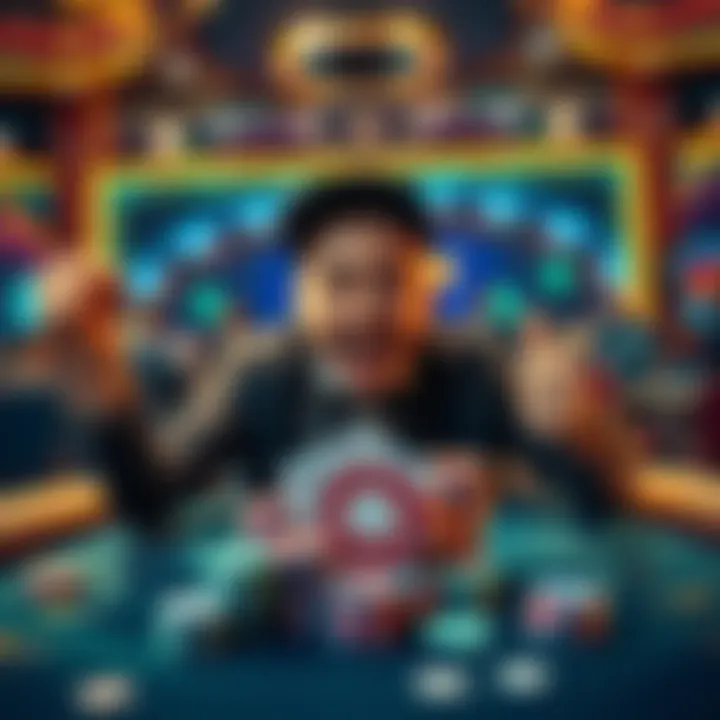 A joyful player celebrating a huge bonus payout in a gaming setting, surrounded by chips and cards.