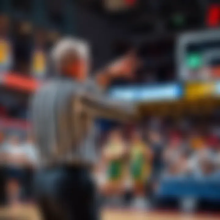 Referee signaling a controversial call A referee gestures towards the court, indicating a disputed rebound call during a basketball game, with players and fans reacting in the background.