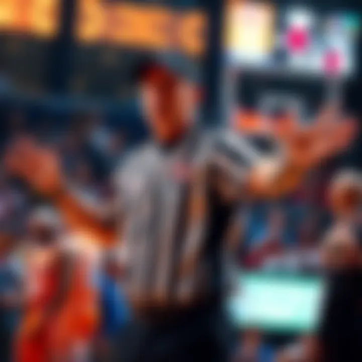 Referee signals an offensive foul as players and fans react with frustration in the background