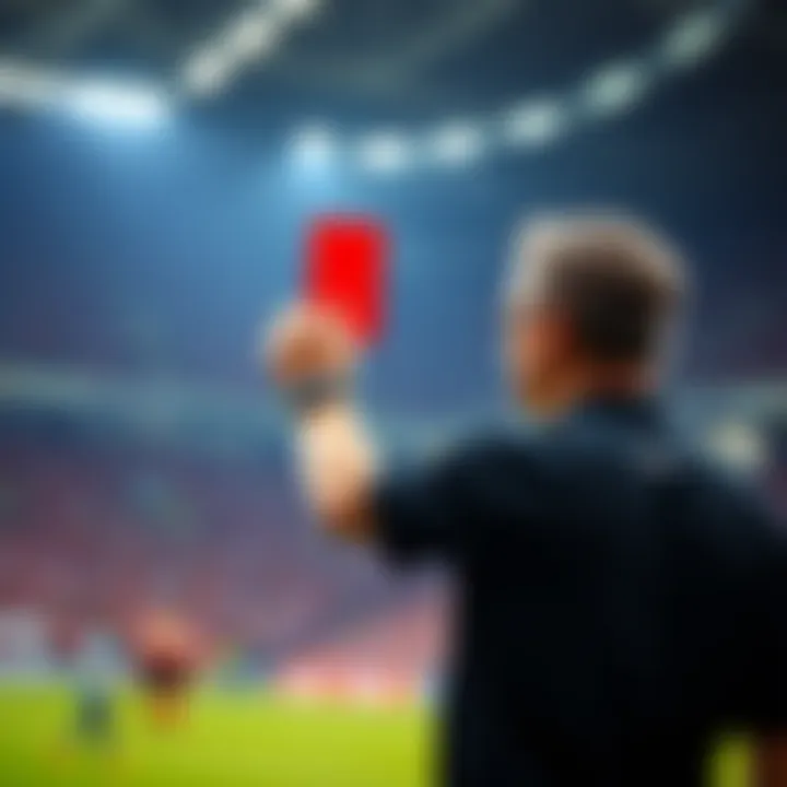 A referee holding up a red card during a football match, signaling a player dismissal.