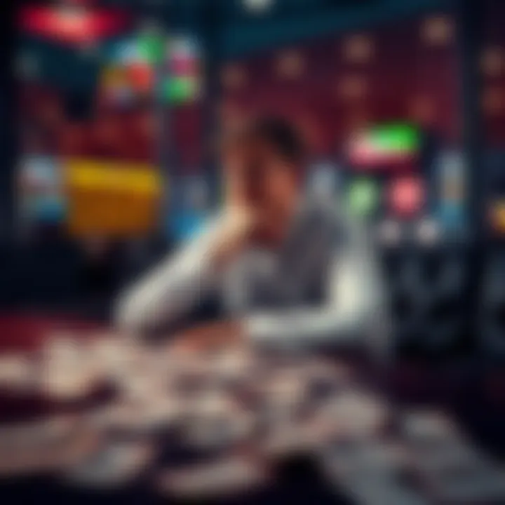 A person sits at a table, looking thoughtful with betting slips scattered around them, symbolizing regret in sports betting career.